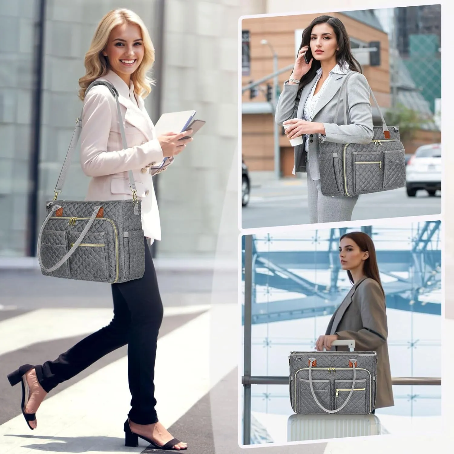RAINSMORE Teacher Tote Bag 15.6 inch Laptop Bag for Women Work Bags Laptop Tote Nurse Bag Professional Computer Messenger with Insulated Pocket, Laptop Briefcase for Office, College, Nursing, Grey
