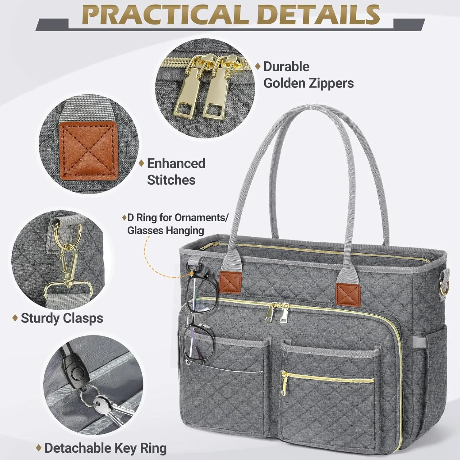 RAINSMORE Teacher Tote Bag 15.6 inch Laptop Bag for Women Work Bags Laptop Tote Nurse Bag Professional Computer Messenger with Insulated Pocket, Laptop Briefcase for Office, College, Nursing, Grey