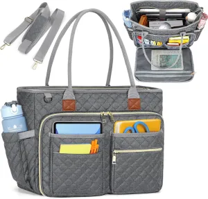 RAINSMORE Teacher Tote Bag 15.6 inch Laptop Bag for Women Work Bags Laptop Tote Nurse Bag Professional Computer Messenger with Insulated Pocket, Laptop Briefcase for Office, College, Nursing, Grey
