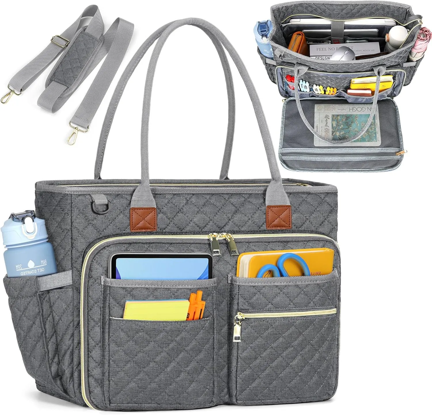 RAINSMORE Teacher Tote Bag 15.6 inch Laptop Bag for Women Work Bags Laptop Tote Nurse Bag Professional Computer Messenger with Insulated Pocket, Laptop Briefcase for Office, College, Nursing, Grey