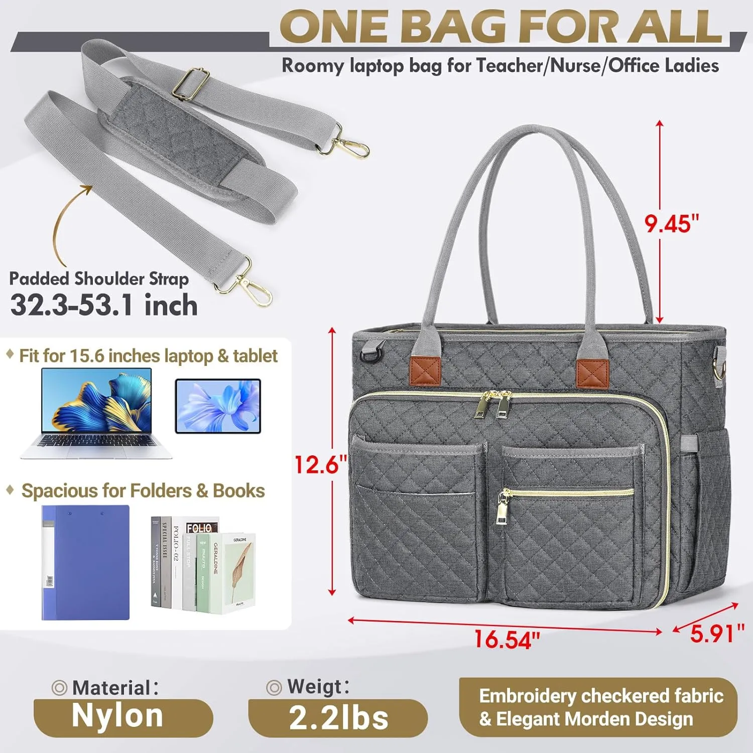 RAINSMORE Teacher Tote Bag 15.6 inch Laptop Bag for Women Work Bags Laptop Tote Nurse Bag Professional Computer Messenger with Insulated Pocket, Laptop Briefcase for Office, College, Nursing, Grey
