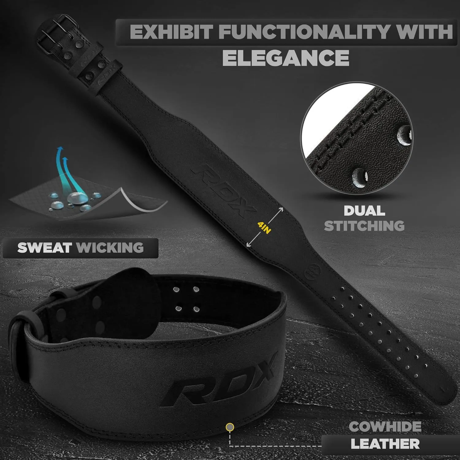 RDX Weight Lifting Belt Gym Fitness, Cowhide Leather, 4” 6” Padded Lumbar Back Support, 10 Adjustable Holes, Weightlifting Powerlifting Bodybuilding Deadlift Squat Workout Strength Training, Men Women