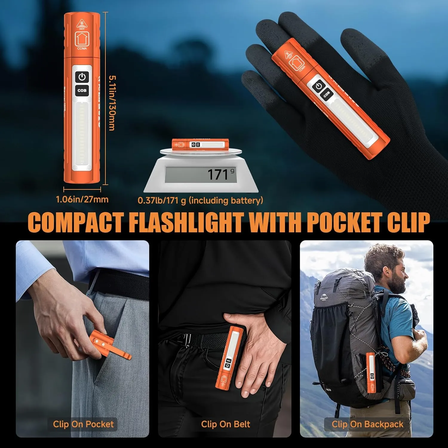 Rechargeable Tactical Flashlights High Lumens - Super Bright Small Powerful LED Magnetic USB C Flashlight, 8 Modes, Dual Button Waterproof Pocket Flash Light for Emergency, Car (2, Orange)