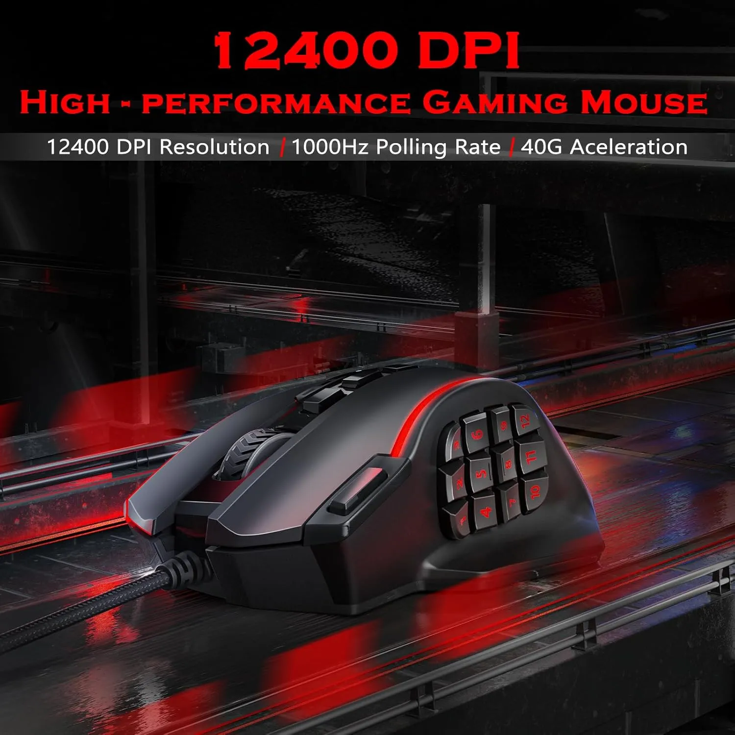 Redragon Gaming Mouse, MMO Mouse Gaming UP 12400 DPI, 16 Macro Programmable Buttons, RGB Mouse with 12 Side Buttons, 8 * 2.4g Weight Tuning for PC Laptop MOBA FPS, M901K, Black