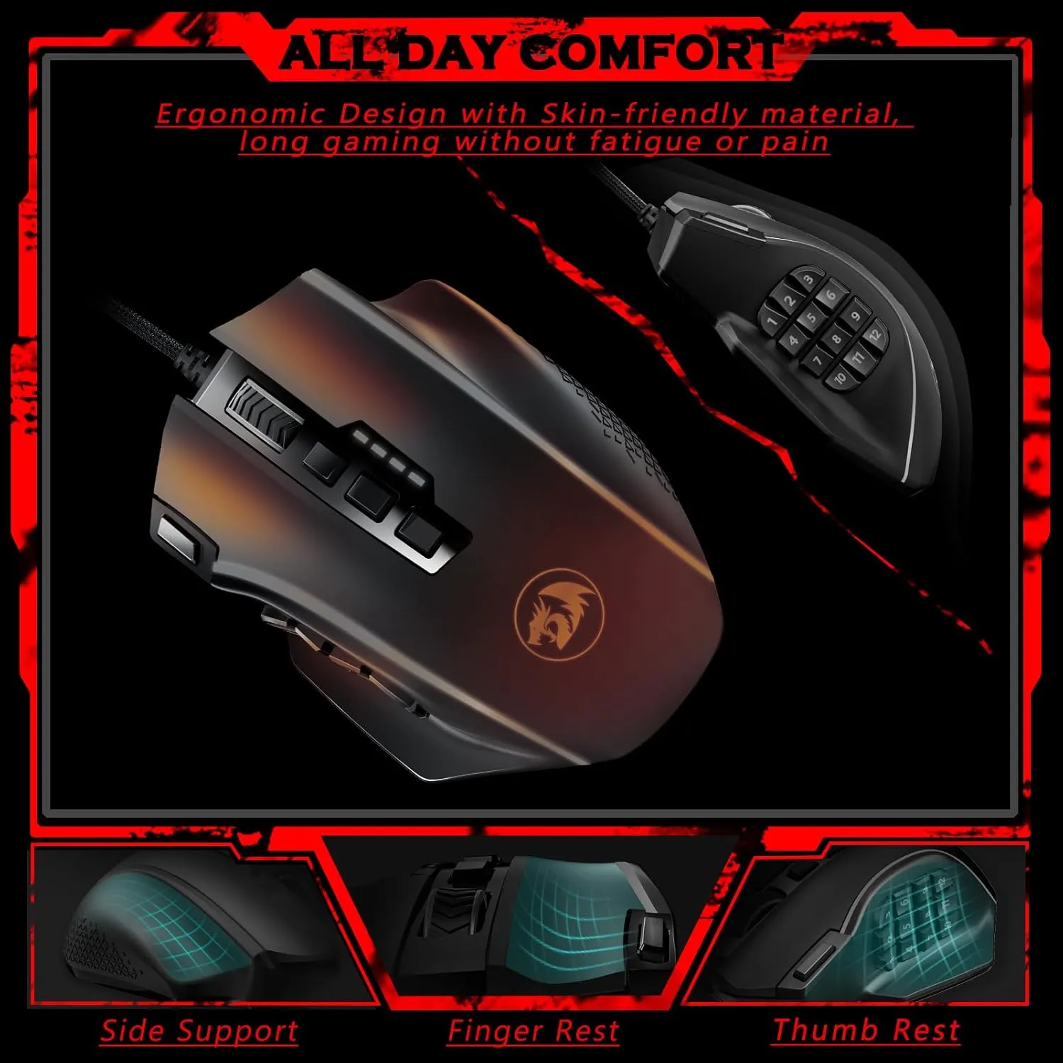 Redragon Gaming Mouse, MMO Mouse Gaming UP 12400 DPI, 16 Macro Programmable Buttons, RGB Mouse with 12 Side Buttons, 8 * 2.4g Weight Tuning for PC Laptop MOBA FPS, M901K, Black