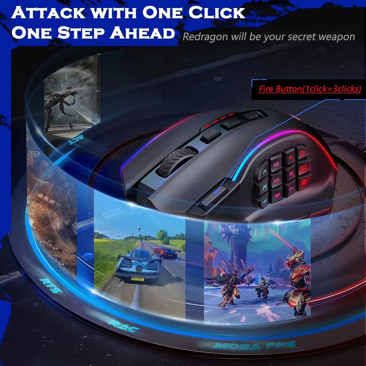 Redragon Gaming Mouse, MMO Mouse Gaming UP 12400 DPI, 16 Macro Programmable Buttons, RGB Mouse with 12 Side Buttons, 8 * 2.4g Weight Tuning for PC Laptop MOBA FPS, M901K, Black