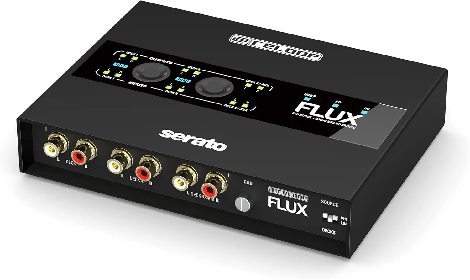 Reloop Flux 6x6 In/Out USB-C DVS Flexible, Robust, and Roadworthy Interface for Serato DJ Pro with USB Cables and Extended Edge Design (Black)