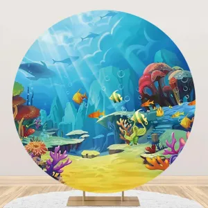 Renaiss 6.5x6.5ft Under The Sea Round Backdrop Cover Underwater Scenery Circle Photography Background Sun Ray Colorful Corals Fishes Baby Shower Birthday Summer Holiday Party Decor Photo Booth Props