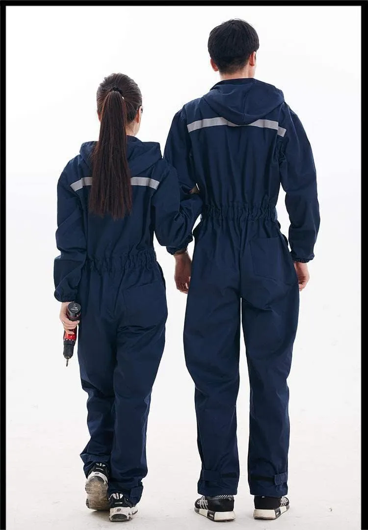 Resnan Unisex Work Jumpsuit with Zippered Frontal Pockets Workwear Dustproof Workwear Mechanic Long Sleeve Coverall Suit Hood