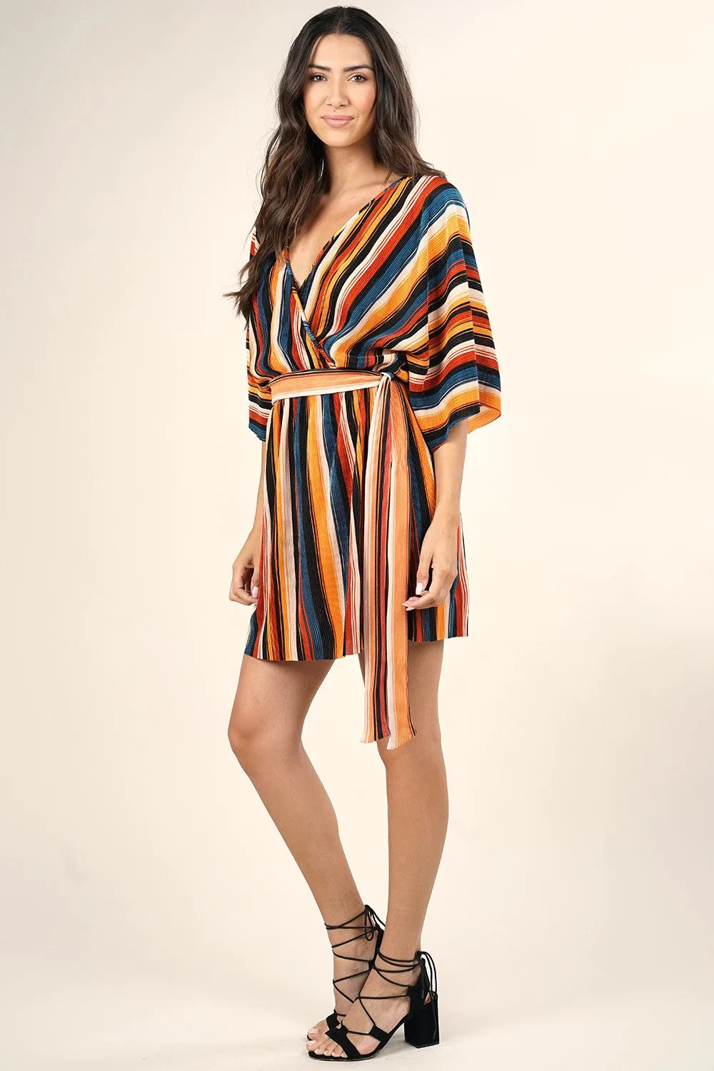 Retro Inspired Kimono Sleeve Surplice Mini Dress