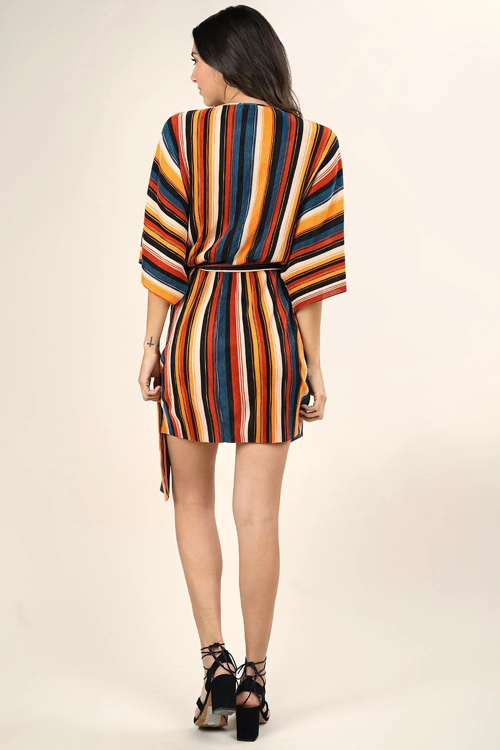 Retro Inspired Kimono Sleeve Surplice Mini Dress