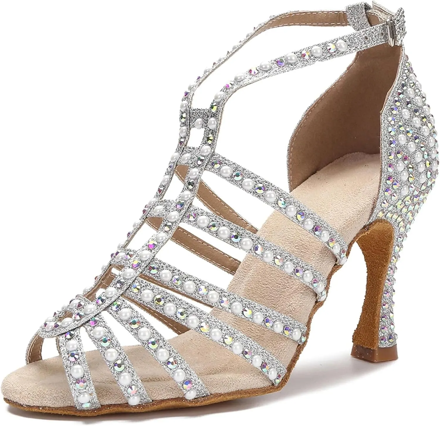 Rhinestone Pearl Dance Shoes - Sandals with 9CM (3.54") Heels for Tango, Salsa, Rumba, Samba, Ballroom, Wedding