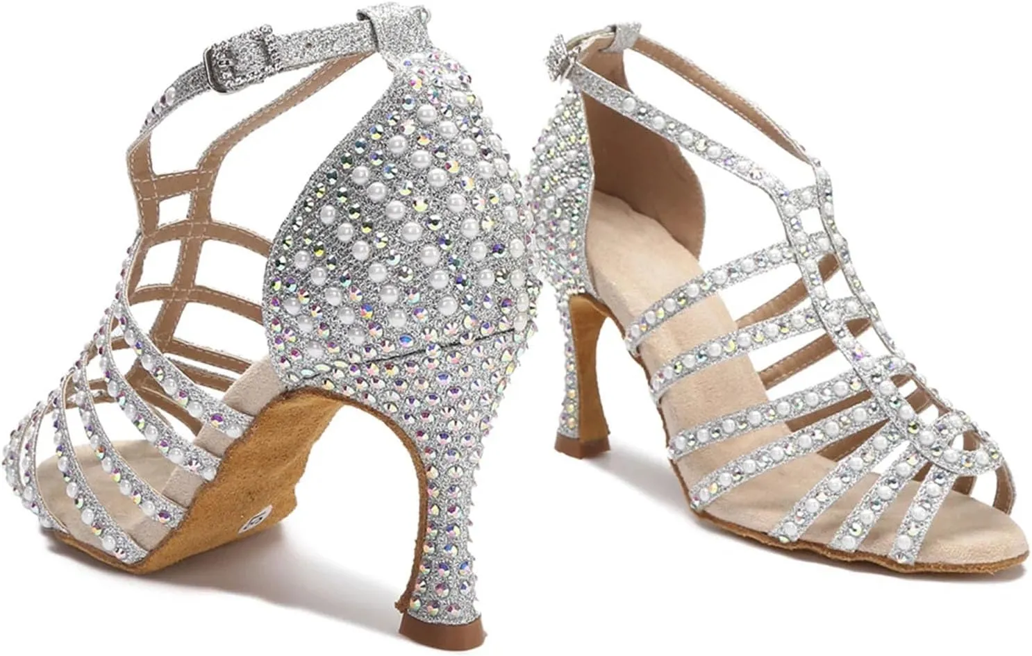Rhinestone Pearl Dance Shoes - Sandals with 9CM (3.54") Heels for Tango, Salsa, Rumba, Samba, Ballroom, Wedding