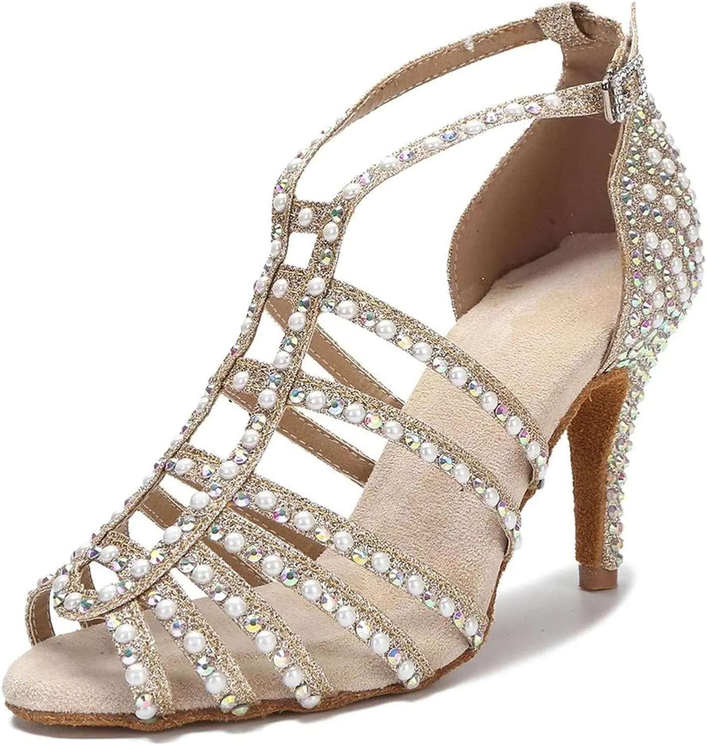 Rhinestone Pearl Dance Shoes - Sandals with 9CM (3.54") Heels for Tango, Salsa, Rumba, Samba, Ballroom, Wedding