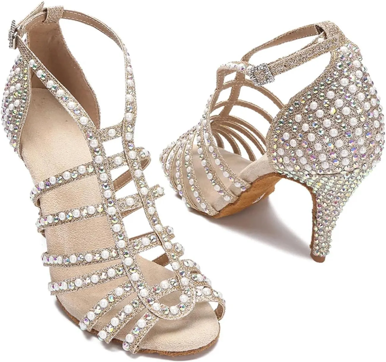Rhinestone Pearl Dance Shoes - Sandals with 9CM (3.54") Heels for Tango, Salsa, Rumba, Samba, Ballroom, Wedding