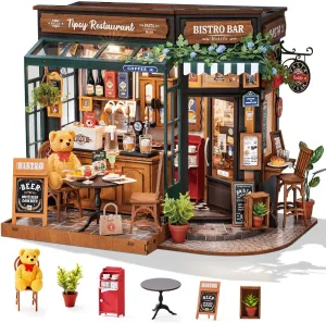 Rolife DIY Miniature House Kit 1:18 Coffe&Bar Dollhouse Diorama Model, Build Mini House Building Kit with LED Light Hobby Crafts for Adults Gift for Him Her (Tipsy Restaurant)