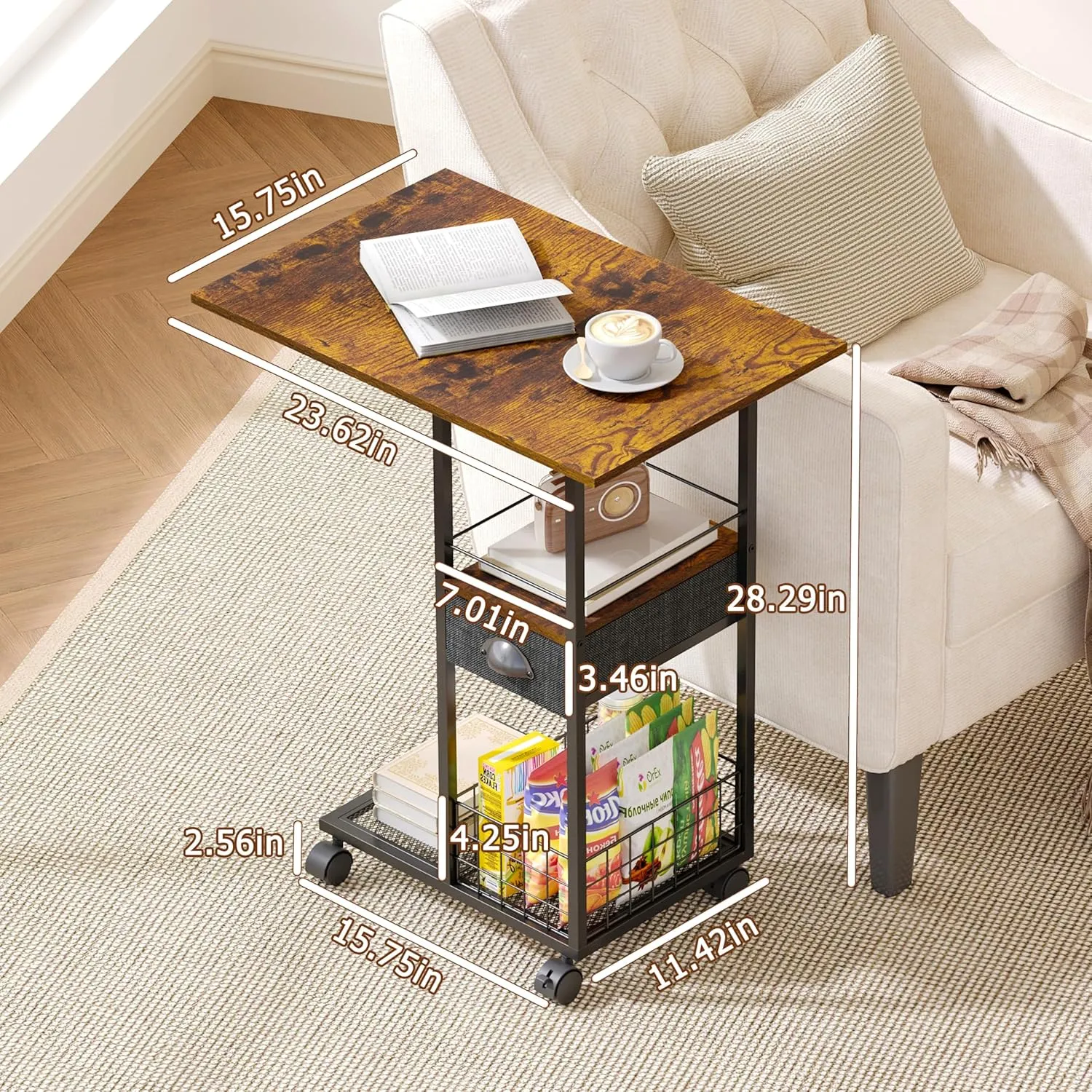 Rolling C-Shaped Side Table with Wheels and Oversized Wood Top, Mobile Overbed Stand with Drawer for Bed or Sofa, Metal Frame Couch Companion for Living Room, Bedroom, or Home Office (Large Desktop)