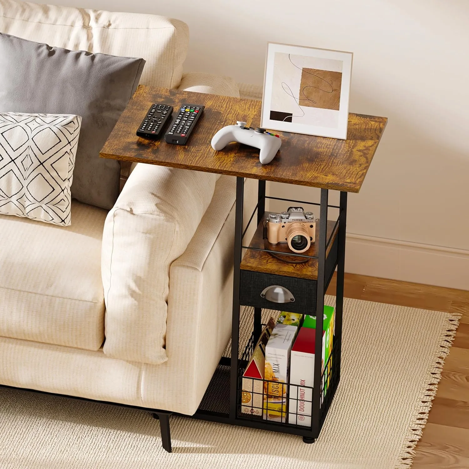 Rolling C-Shaped Side Table with Wheels and Oversized Wood Top, Mobile Overbed Stand with Drawer for Bed or Sofa, Metal Frame Couch Companion for Living Room, Bedroom, or Home Office (Large Desktop)