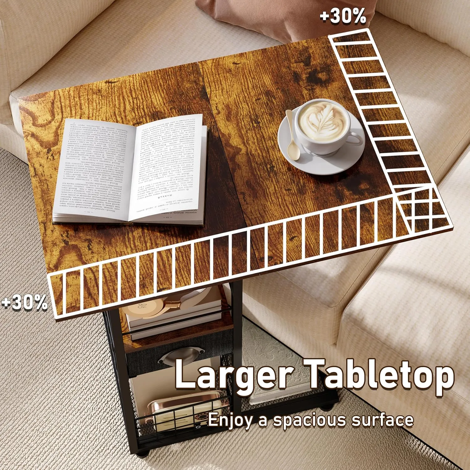 Rolling C-Shaped Side Table with Wheels and Oversized Wood Top, Mobile Overbed Stand with Drawer for Bed or Sofa, Metal Frame Couch Companion for Living Room, Bedroom, or Home Office (Large Desktop)