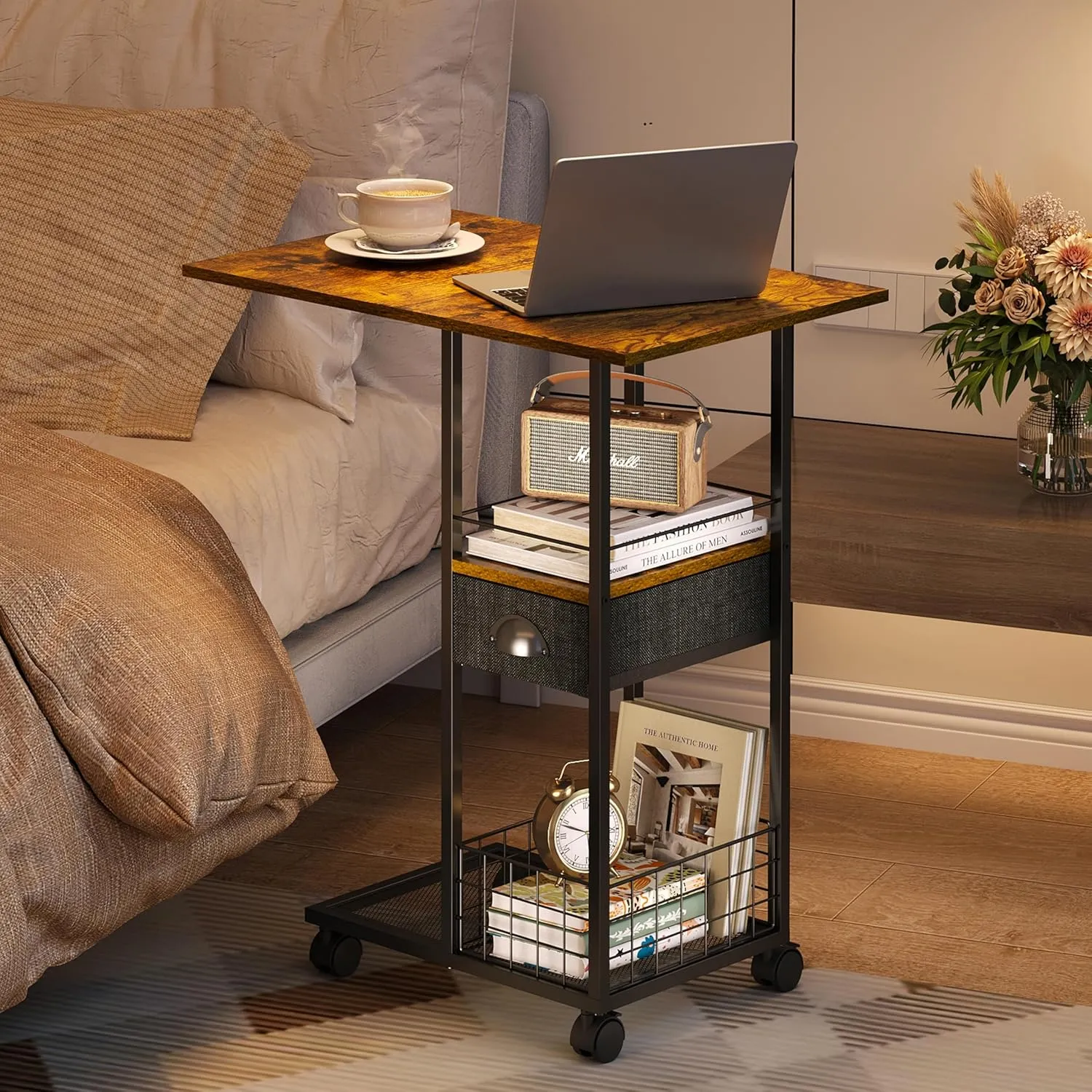 Rolling C-Shaped Side Table with Wheels and Oversized Wood Top, Mobile Overbed Stand with Drawer for Bed or Sofa, Metal Frame Couch Companion for Living Room, Bedroom, or Home Office (Large Desktop)