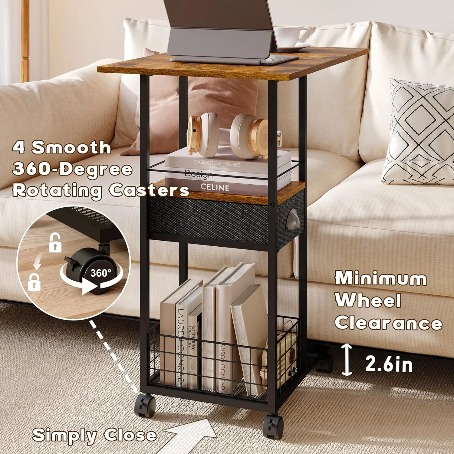 Rolling C-Shaped Side Table with Wheels and Oversized Wood Top, Mobile Overbed Stand with Drawer for Bed or Sofa, Metal Frame Couch Companion for Living Room, Bedroom, or Home Office (Large Desktop)