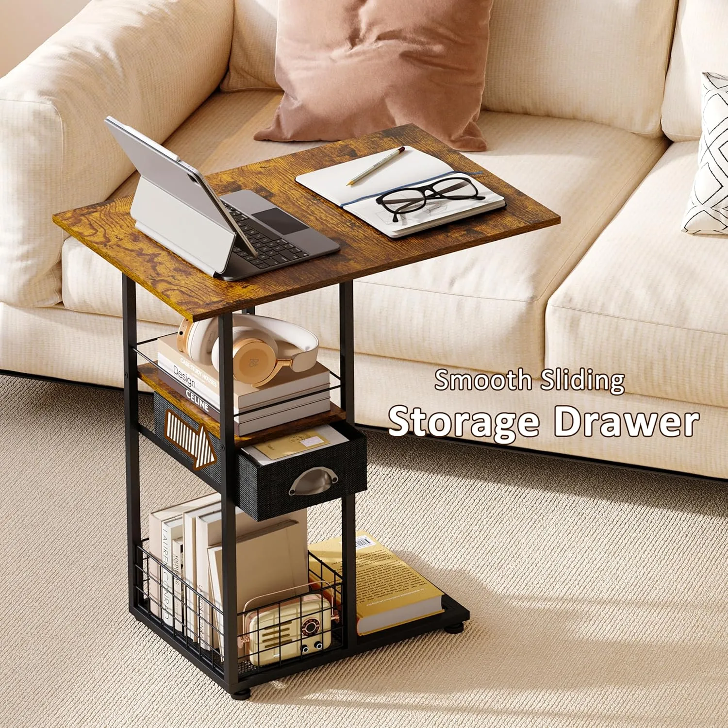 Rolling C-Shaped Side Table with Wheels and Oversized Wood Top, Mobile Overbed Stand with Drawer for Bed or Sofa, Metal Frame Couch Companion for Living Room, Bedroom, or Home Office (Large Desktop)