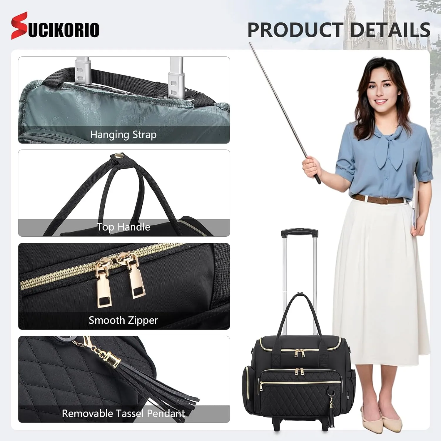 Rolling Laptop Bag 17.3 Inch 3 IN 1 Rolling Briefcase for Women Waterproof Teacher Tote Bag With Wheels