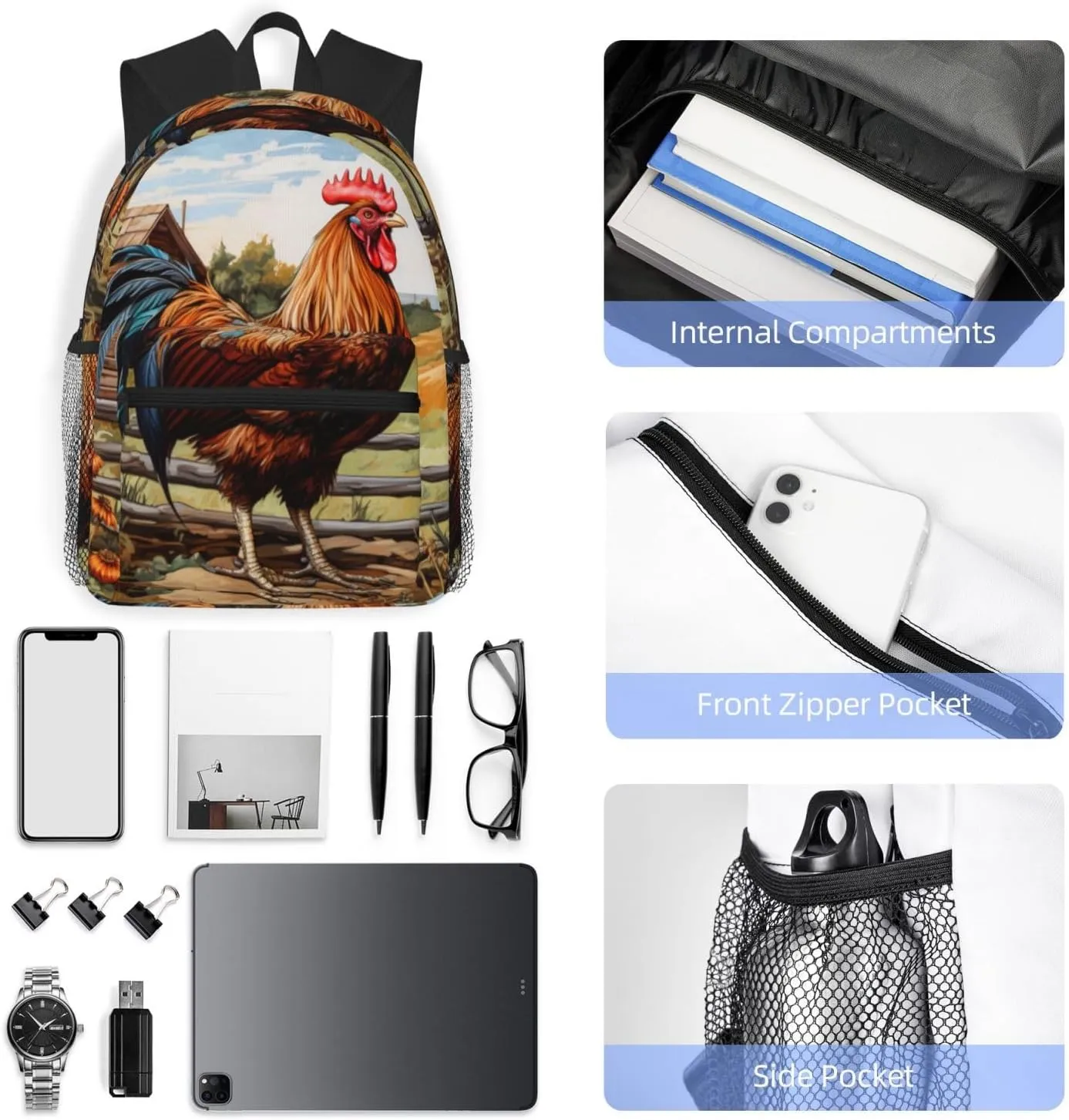 Rooster On Wood In Farmland Men Women Office Laptop Backpack,Work Bag 15.7 Inch Business Travel Bags Large Capacity