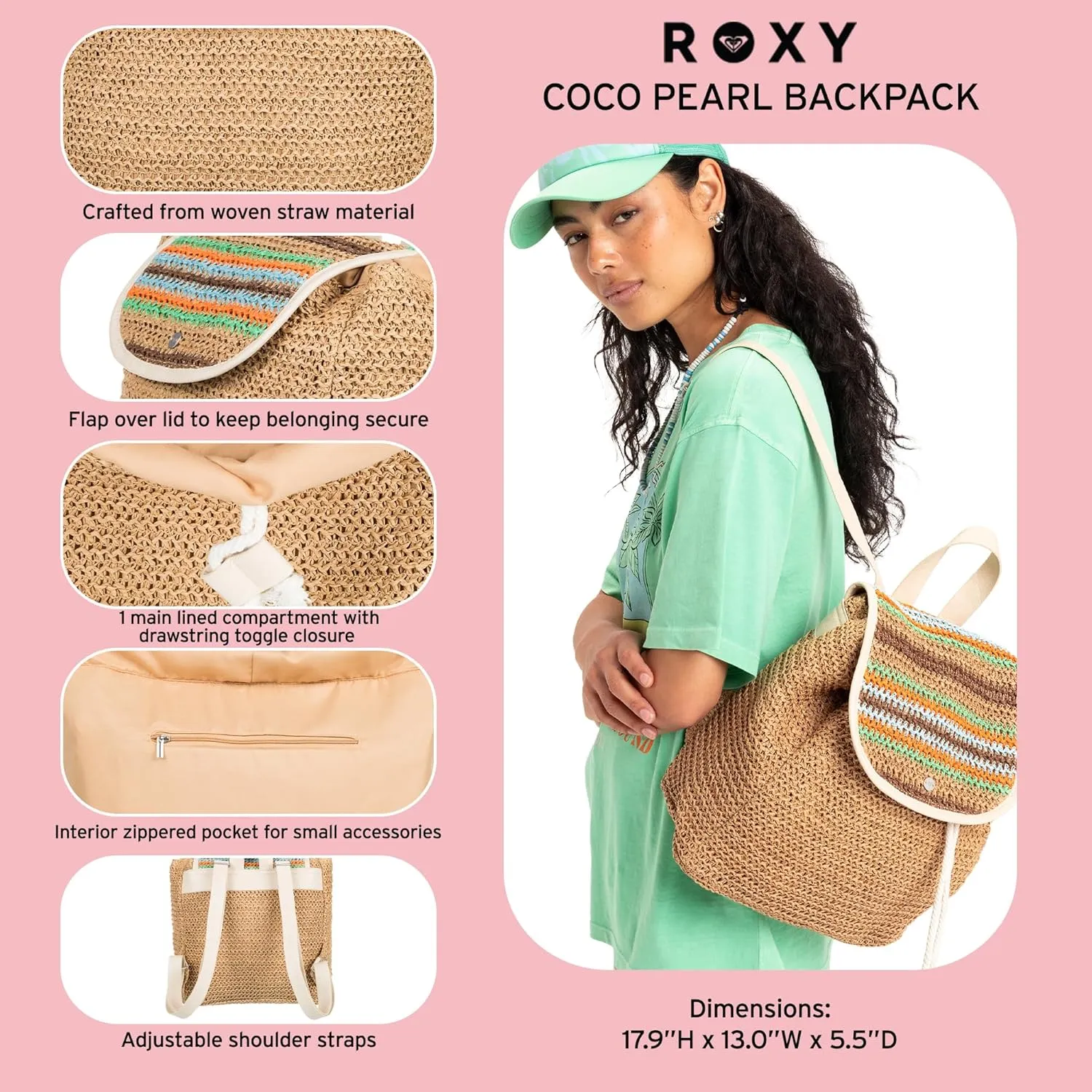 Roxy Women's Stylish Durable Woven Straw Backpack with Adjustable Straps, Coco Pearl-Natural, One Size