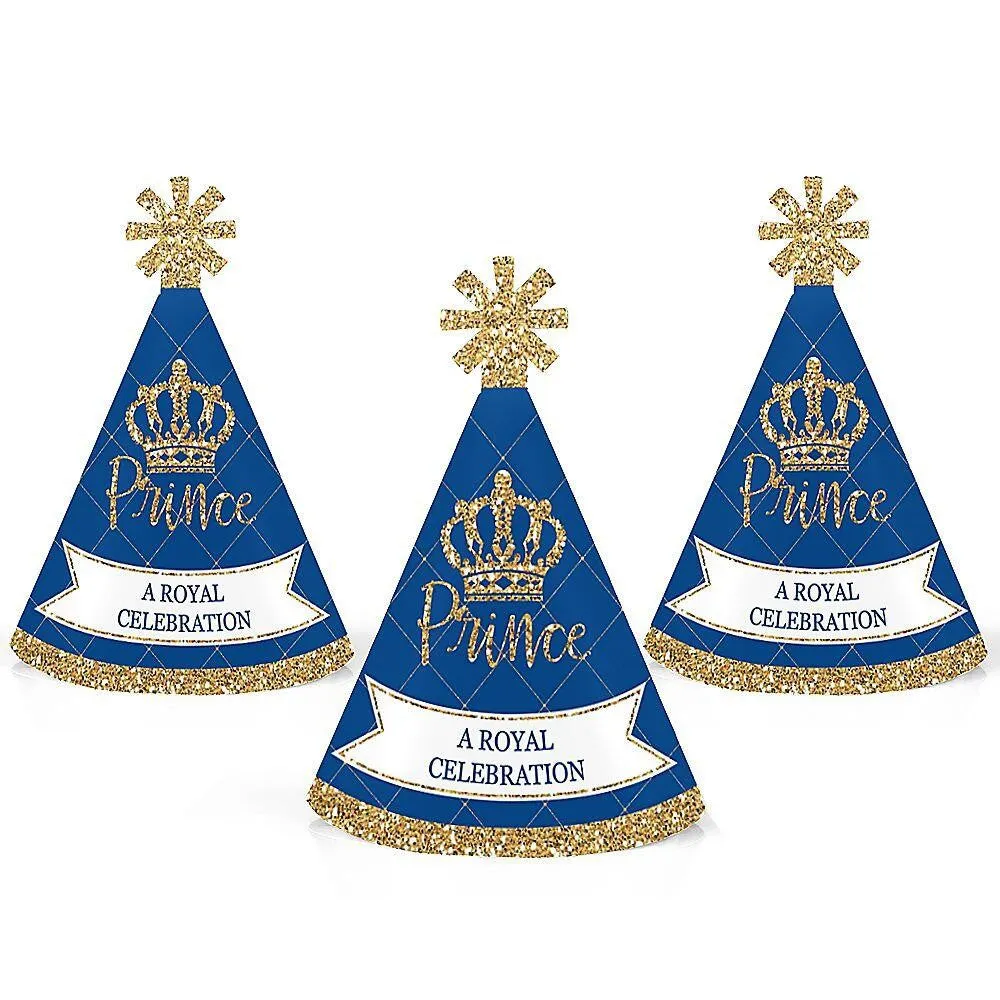 Royal Prince Charming - Mini Cone Baby Shower or Birthday Party Hats - Small Little Party Hats - Set of 8