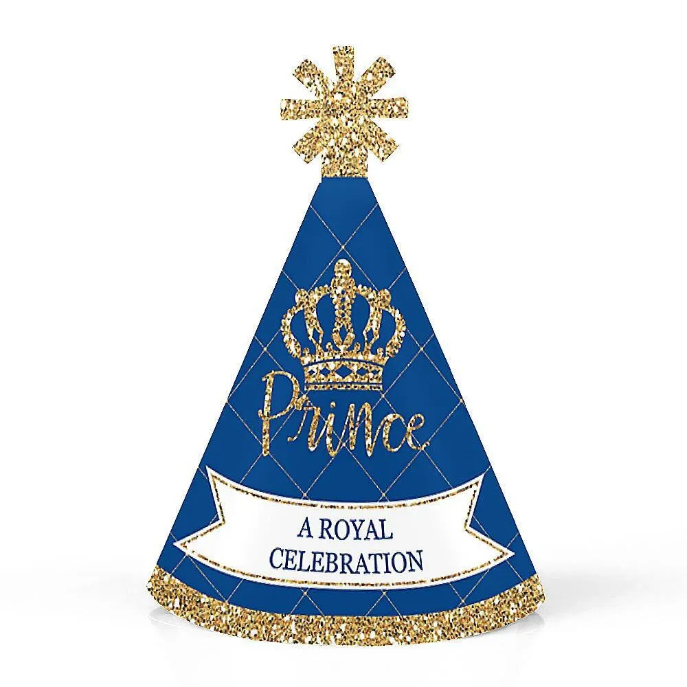 Royal Prince Charming - Mini Cone Baby Shower or Birthday Party Hats - Small Little Party Hats - Set of 8