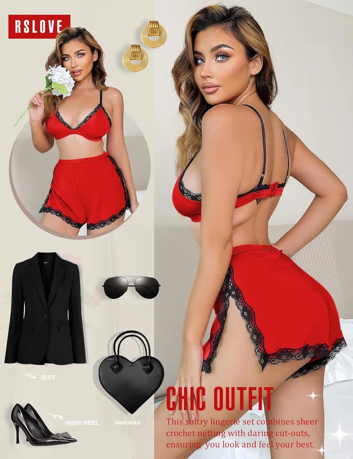 RSLOVE Sexy Pajamas for Women Soft Lingerie Set Lace Trim Sleepwear 2 piece Pjs Shorts Set