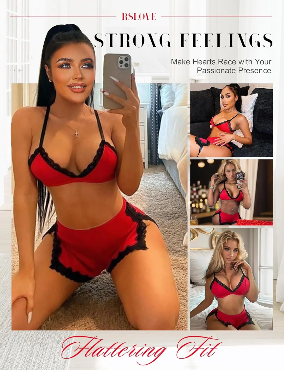 RSLOVE Sexy Pajamas for Women Soft Lingerie Set Lace Trim Sleepwear 2 piece Pjs Shorts Set