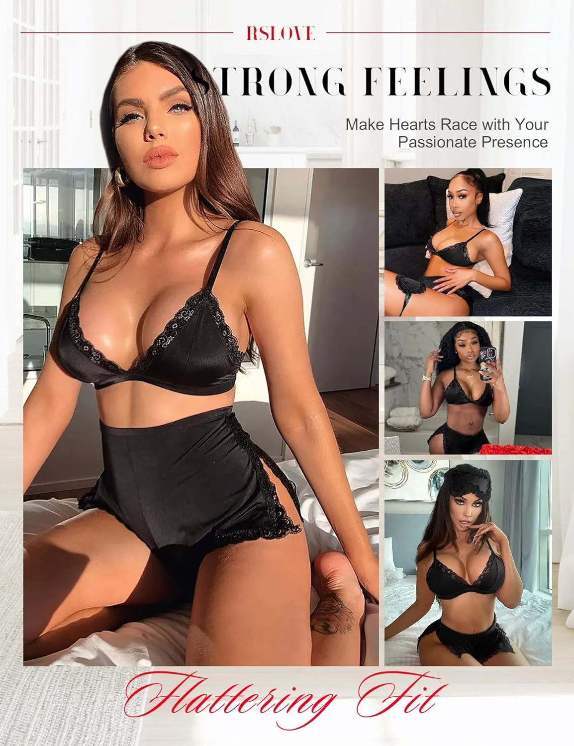 RSLOVE Sexy Pajamas for Women Soft Lingerie Set Lace Trim Sleepwear 2 piece Pjs Shorts Set