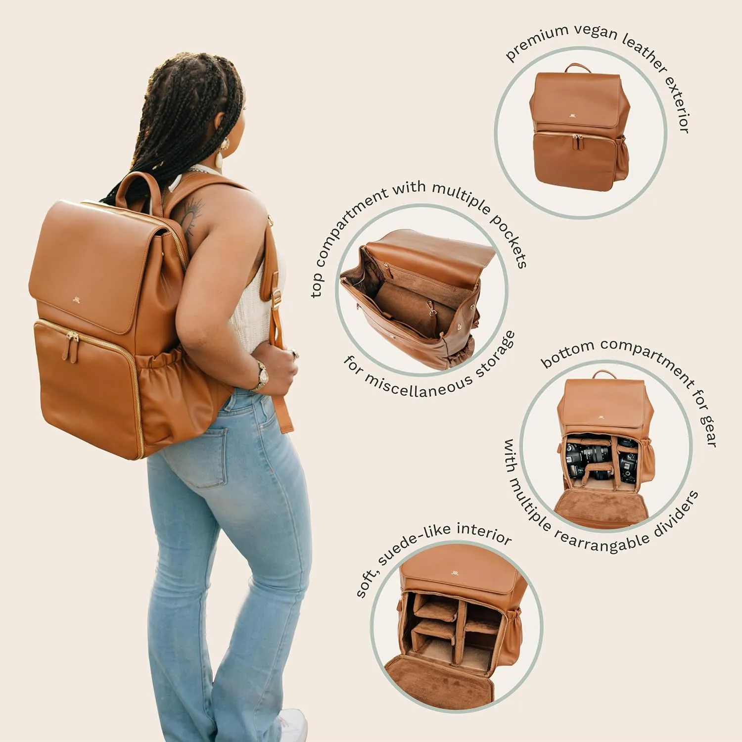 Ruby Camera Backpack – Sleek, Durable Vegan Leather Bag with Gear Dividers, Laptop Compartment, and Side Access for Cameras & Gear, Brown