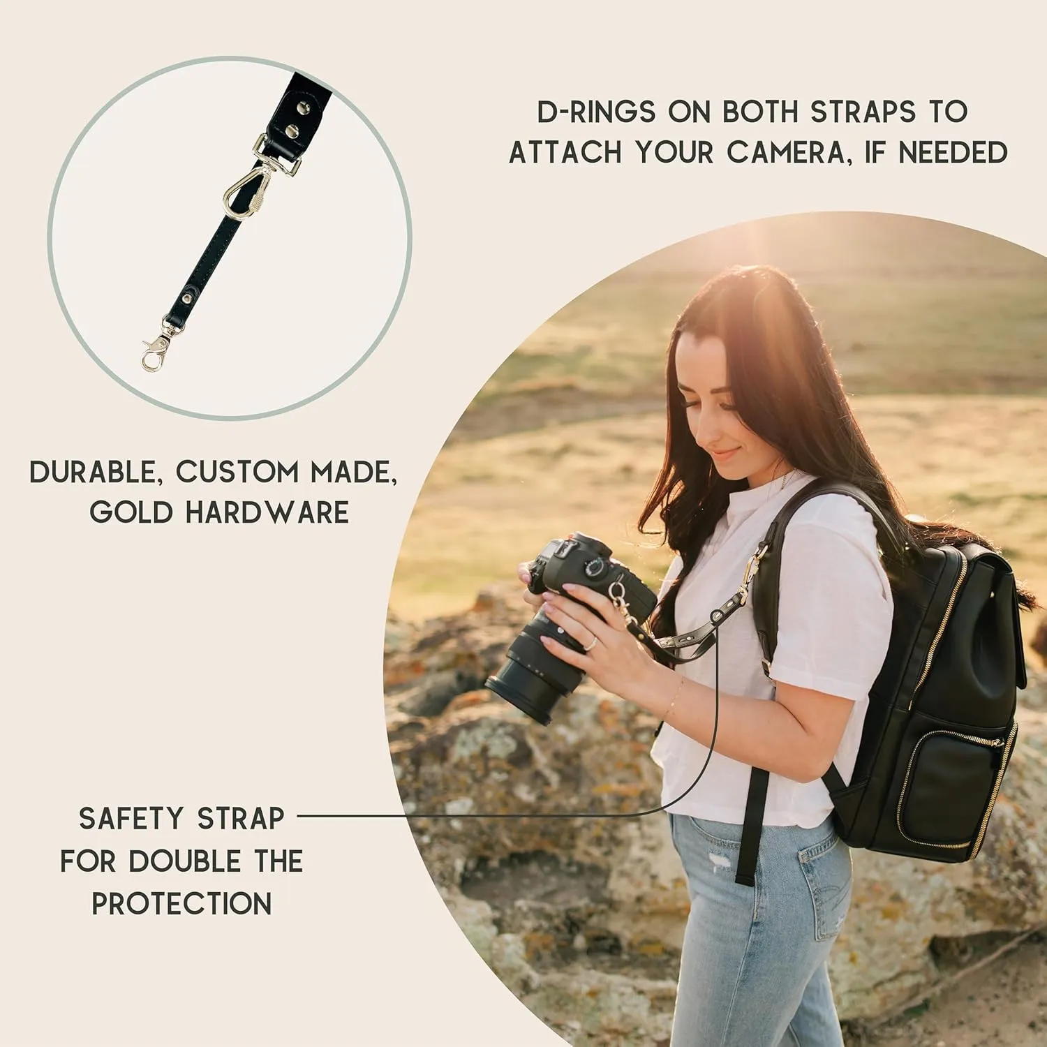 Ruby Camera Backpack – Sleek, Durable Vegan Leather Bag with Gear Dividers, Laptop Compartment, and Side Access for Cameras & Gear, Brown