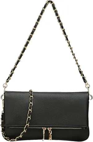 Rungion Fold-Over Clutch Purses for Women Small Vegan Leather Crossbody Shoulder Bag with Chain Evening Wristlet Satchels