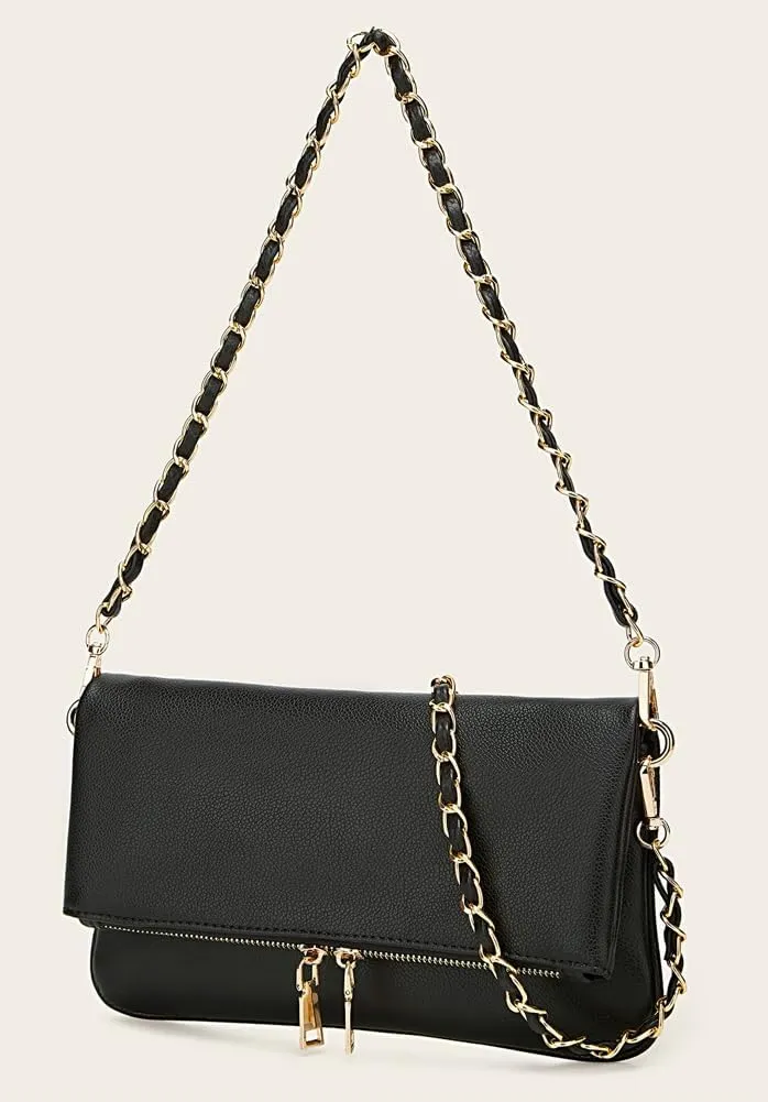 Rungion Fold-Over Clutch Purses for Women Small Vegan Leather Crossbody Shoulder Bag with Chain Evening Wristlet Satchels
