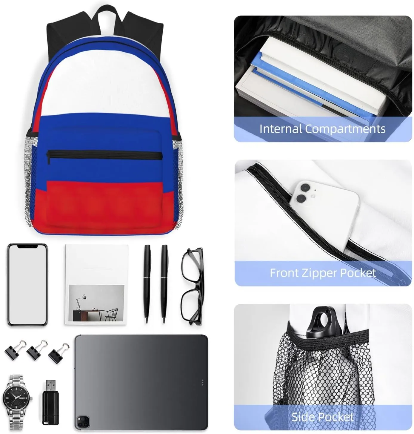Russian Flag Men Women Office Laptop Backpack,Work Bag 15.7 Inch Business Travel Bags Large Capacity