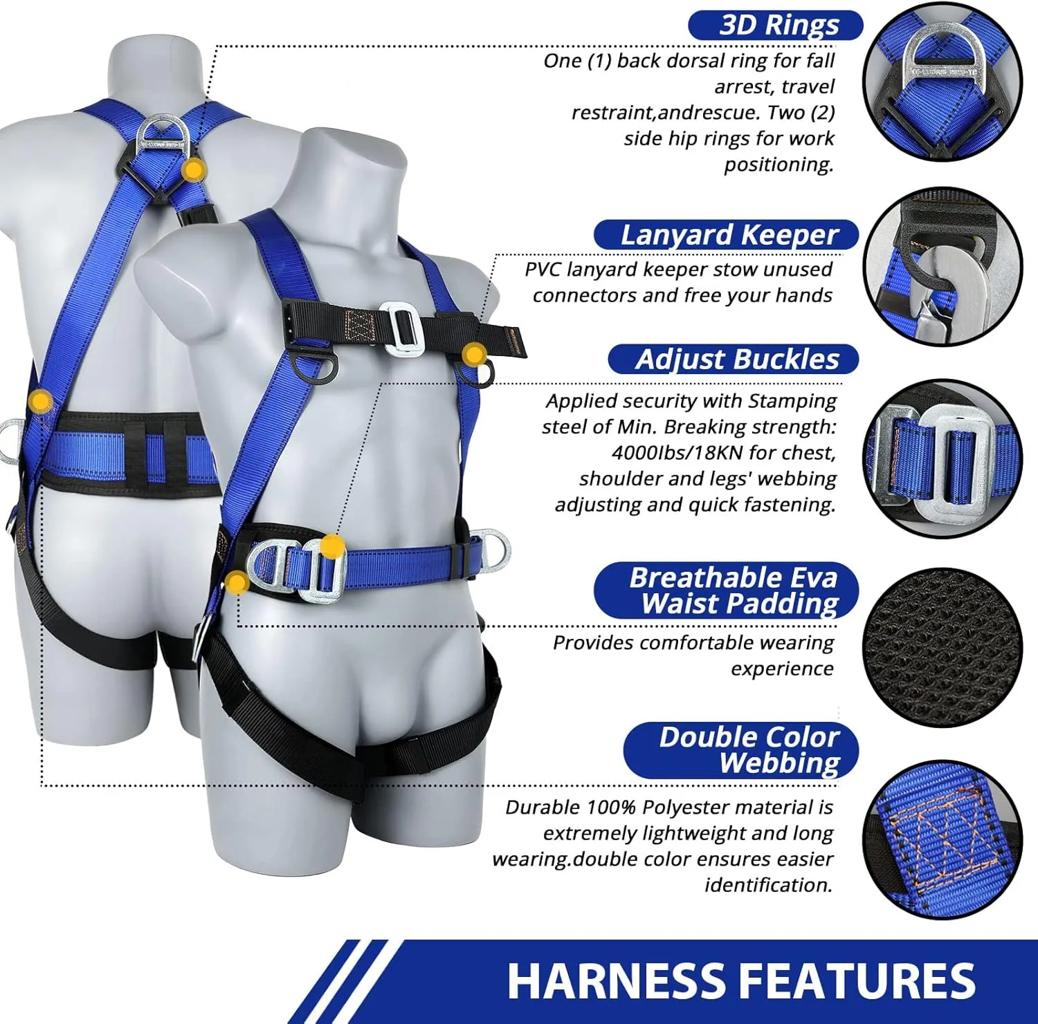 Safety Harness Fall Protection Kit - Full Body Roofing harnesses with Shock Absorbing Lanyard Upgrade Paded