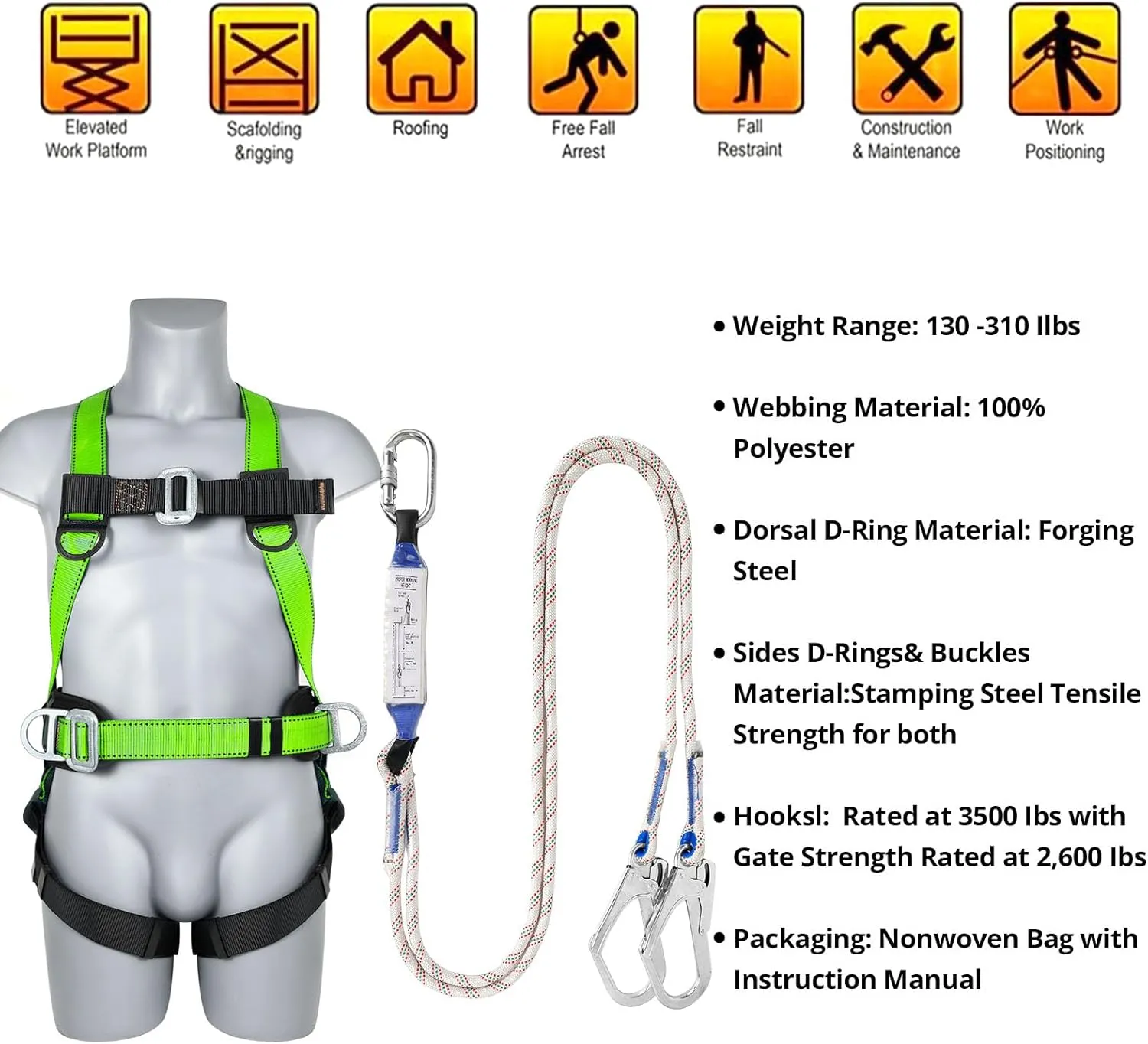 Safety Harness Fall Protection Kit - Full Body Roofing harnesses with Shock Absorbing Lanyard Upgrade Paded