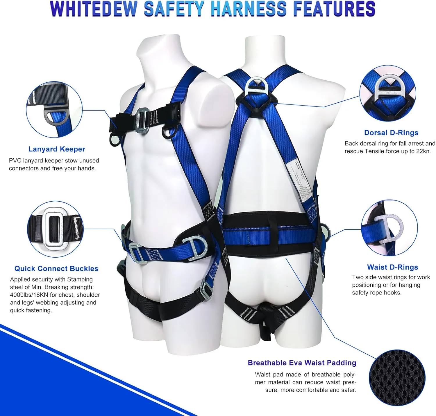 Safety Harness Fall Protection Kit with Shock Absorbing Lanyard, Roofing Work Harnesses Full Body Safety Harness for Construction (Blue)