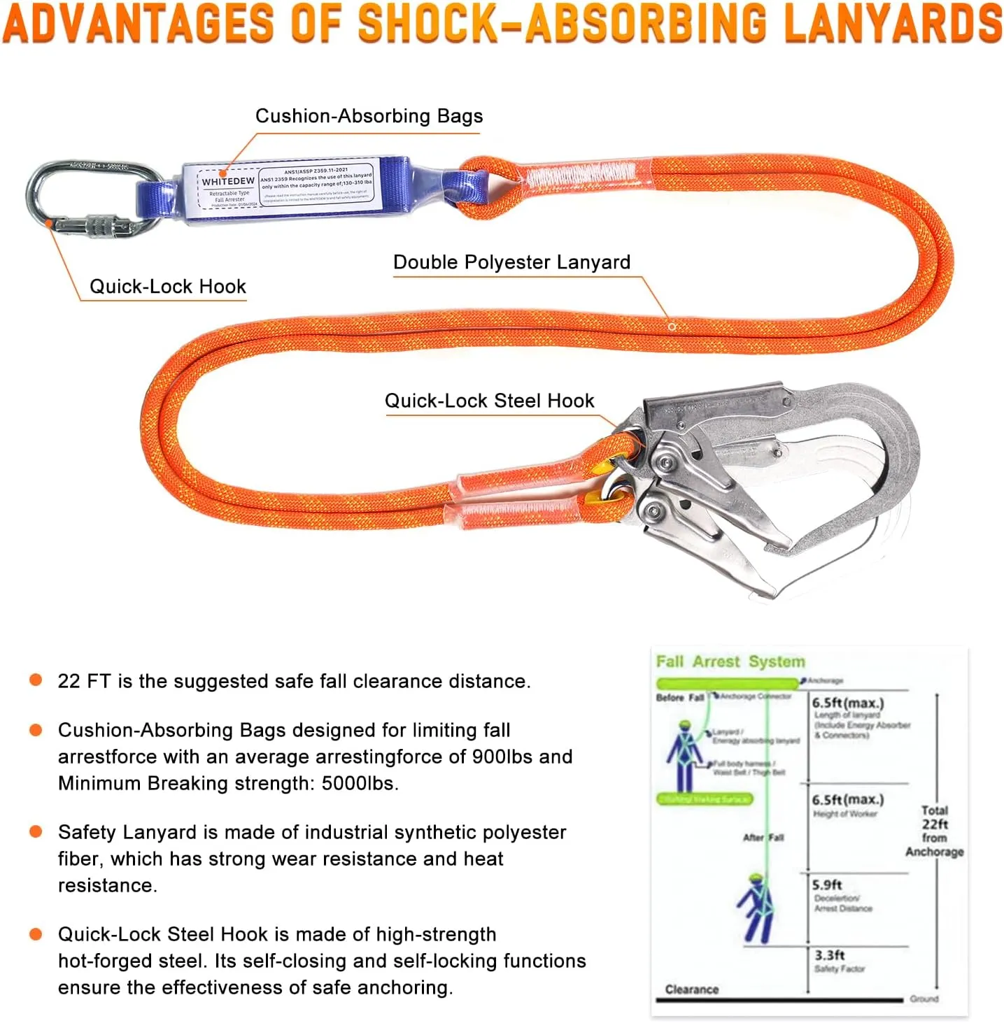 Safety Harness Fall Protection Kit with Shock Absorbing Lanyard, Roofing Work Harnesses Full Body Safety Harness for Construction (Orange)
