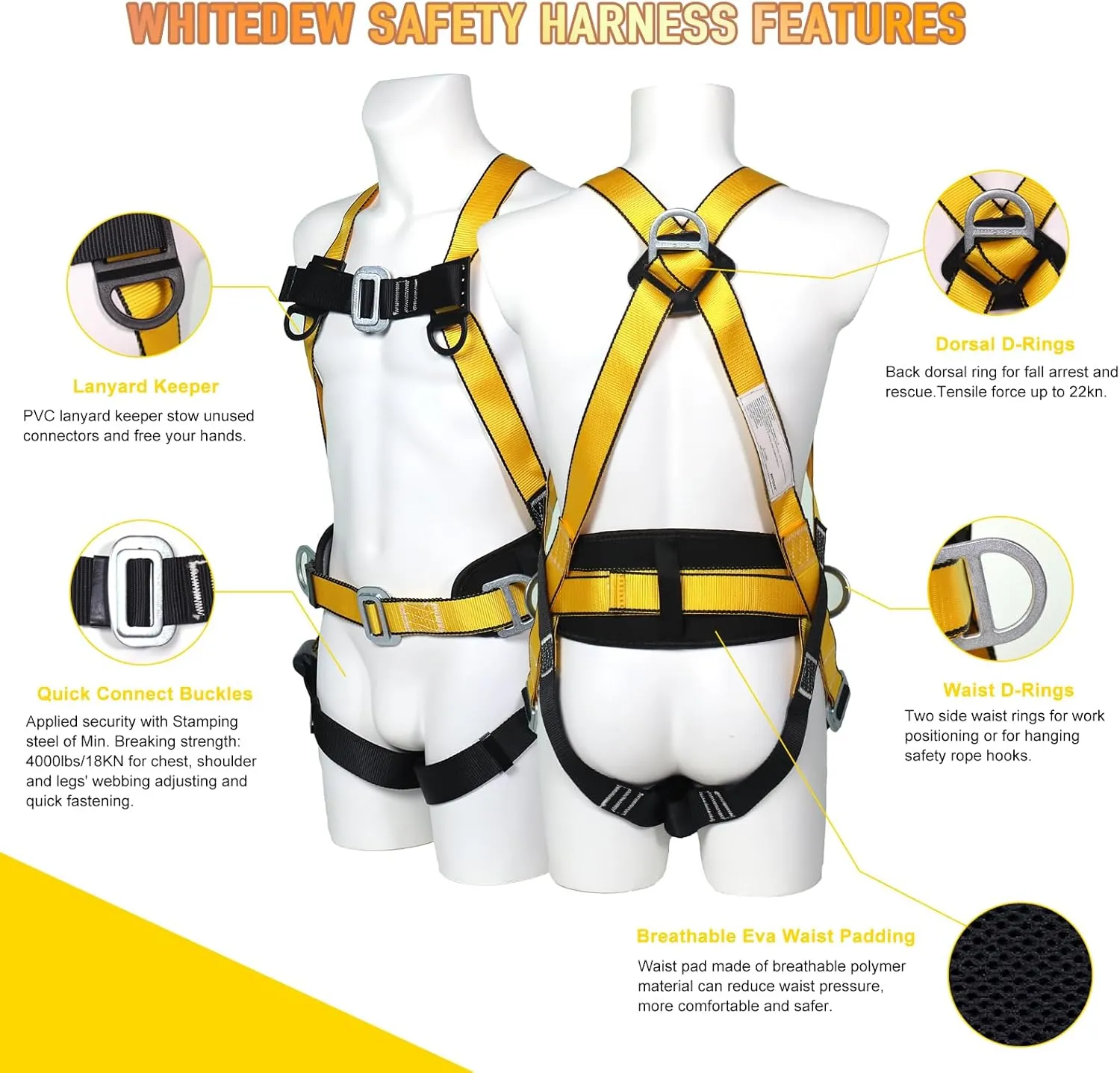 Safety Harness Fall Protection Kit with Shock Absorbing Lanyard, Roofing Work Harnesses Full Body Safety Harness for Construction (Yellow)