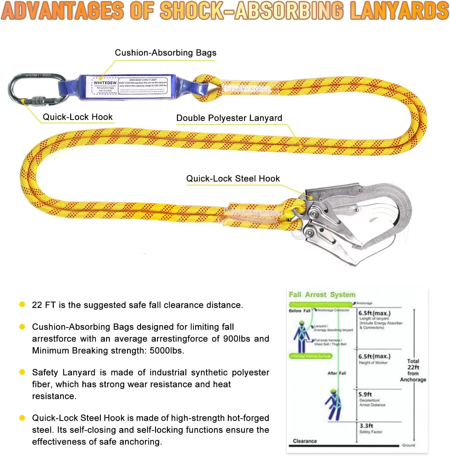 Safety Harness Fall Protection Kit with Shock Absorbing Lanyard, Roofing Work Harnesses Full Body Safety Harness for Construction (Yellow)