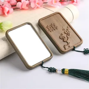 Sandalwood Mirror Green Sandalwood Square Mirror Portable Makeup Mirror Retro Carving Student Creative Small Goods