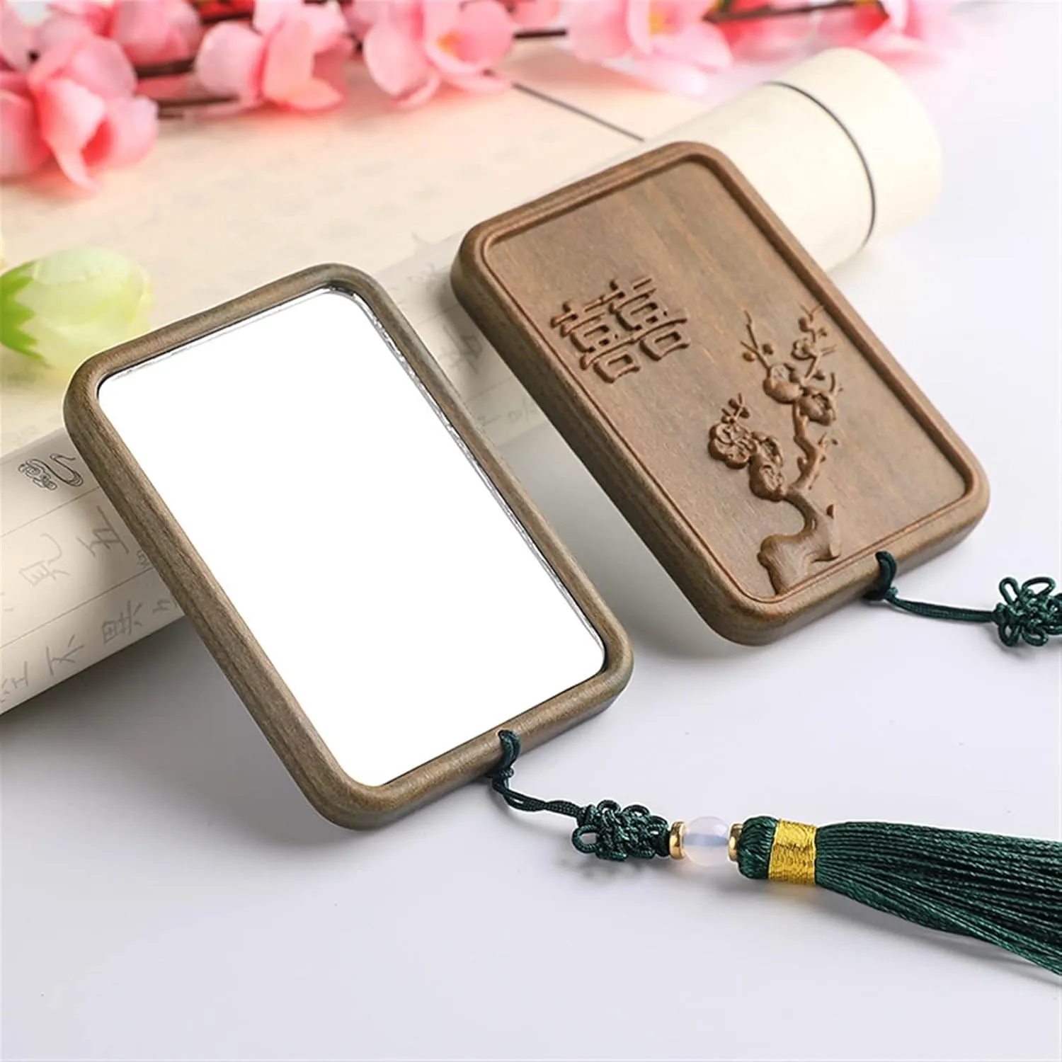 Sandalwood Mirror Green Sandalwood Square Mirror Portable Makeup Mirror Retro Carving Student Creative Small Goods