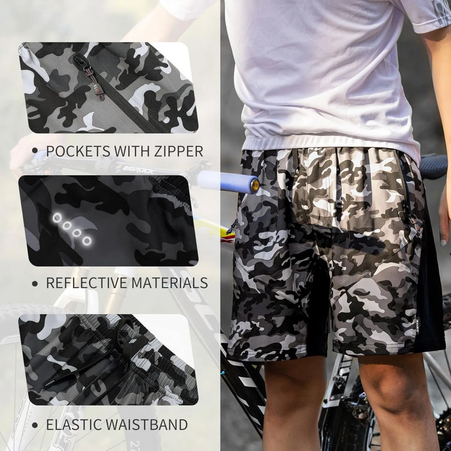 Santic Men's Bike Shorts Loose-Fit Softshell Mountain Bike with Padded Cycling Shorts MTB Bicycle Trail Shorts