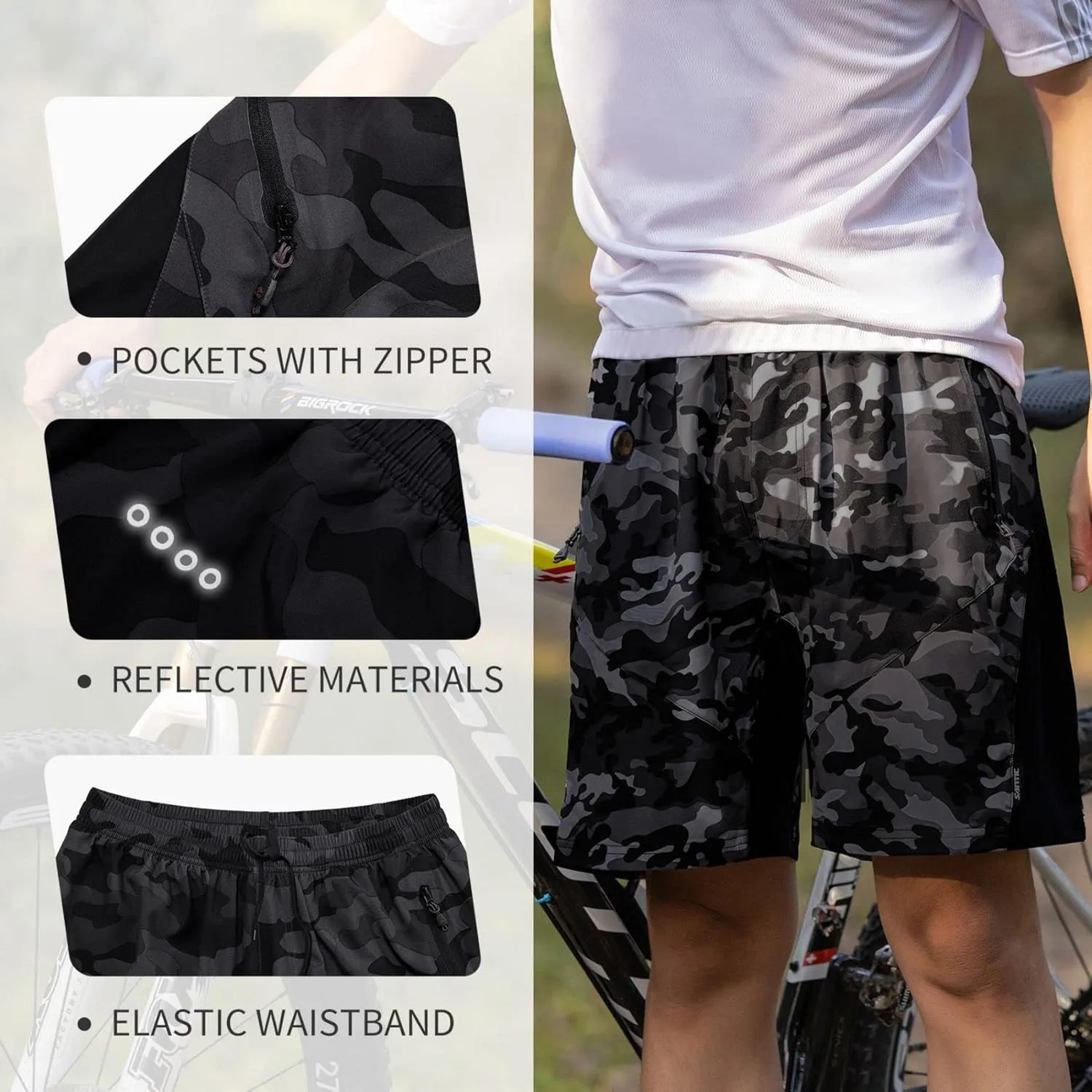 Santic Men's Bike Shorts Loose-Fit Softshell Mountain Bike with Padded Cycling Shorts MTB Bicycle Trail Shorts