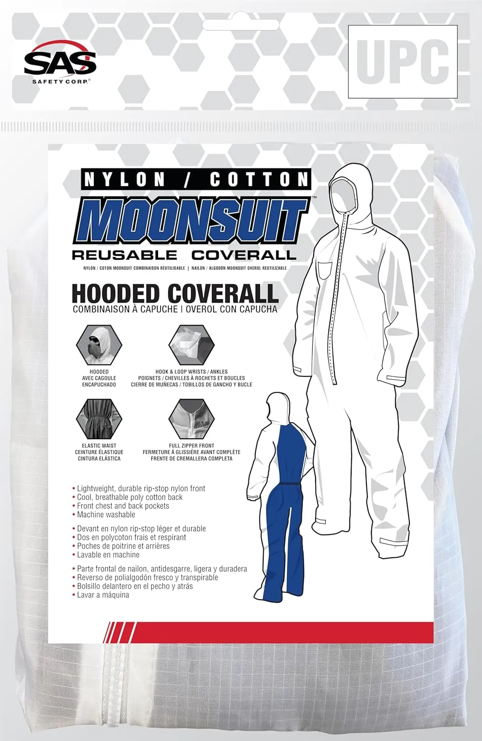 SAS Safety Corp Moonsuit Nylon and Cotton Coverall | Machine Washable Full Pullover with Hood Work Coveralls | Full Zipper Front, Elastic Waist with Pockets for Painting, Automotive, Factory (Medium)